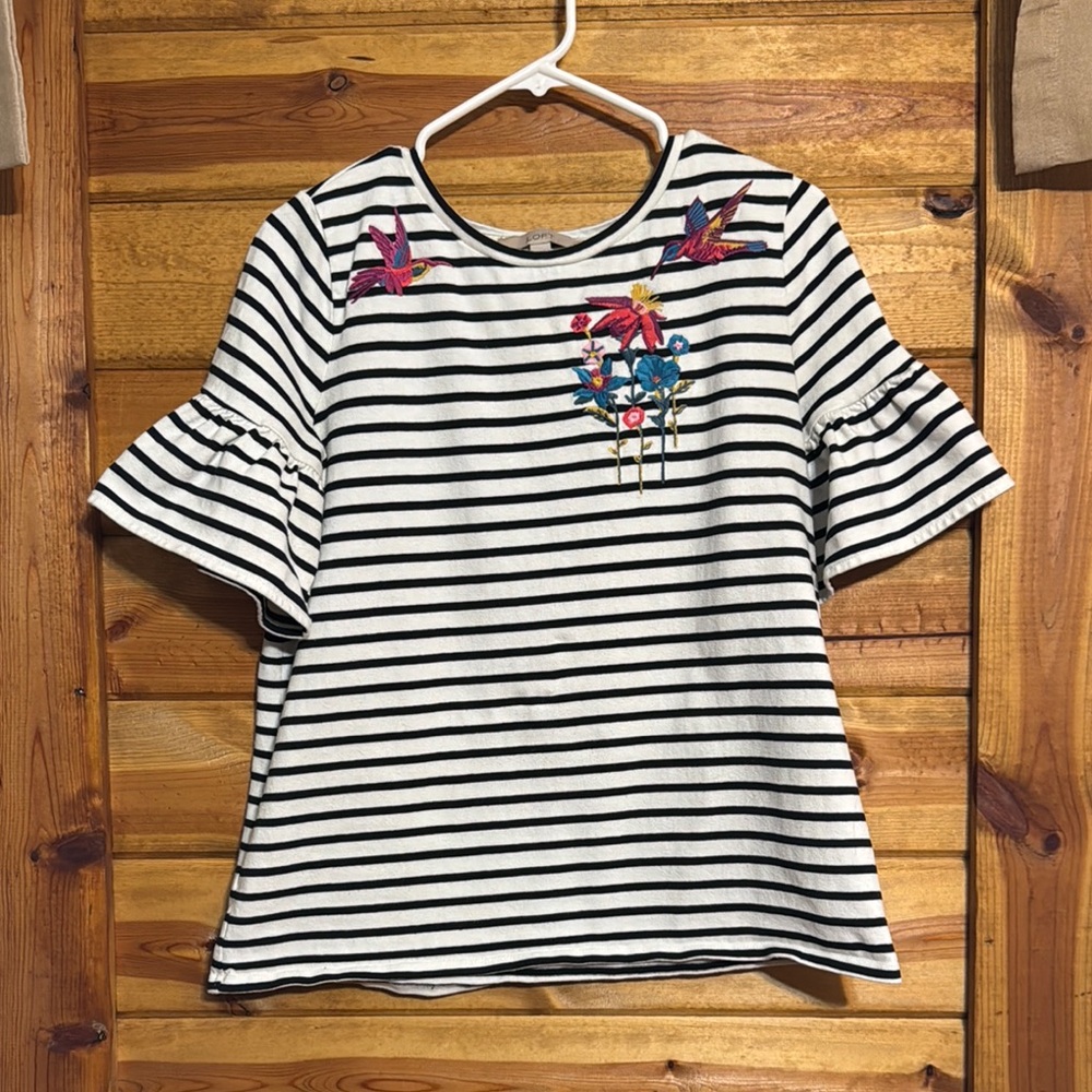 LOFT Striped Top with Colorful Embroidery